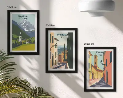 Trittico incorniciato con paesaggi montani e strade di città italiane