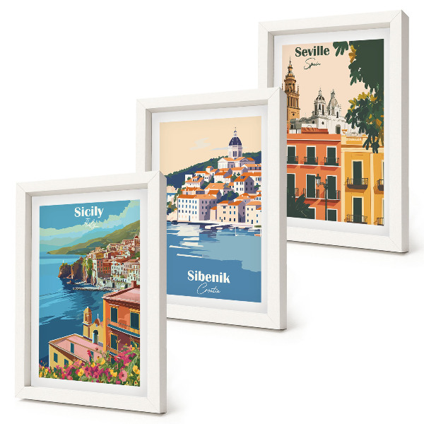 Composizione di 3 quadri Paesaggi di città europee con edifici colorati