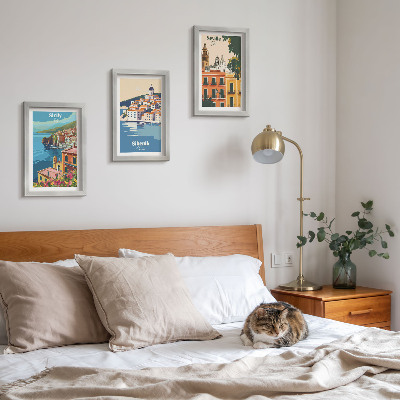Composizione di 3 quadri Paesaggi di città europee con edifici colorati