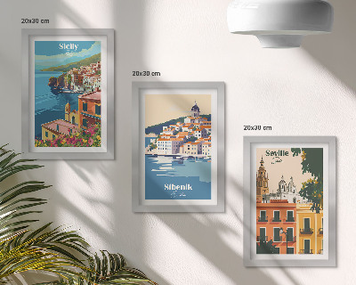 Composizione di 3 quadri Paesaggi di città europee con edifici colorati