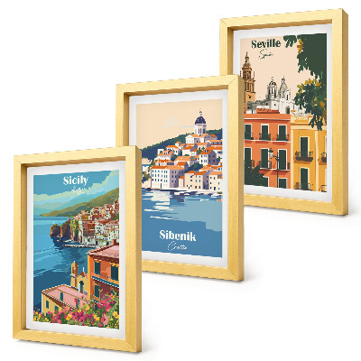 Composizione di 3 quadri Paesaggi di città europee con edifici colorati