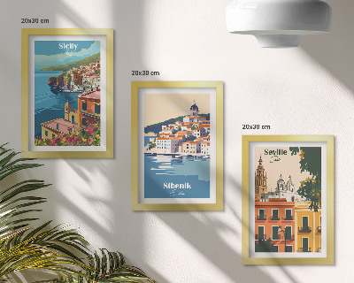 Composizione di 3 quadri Paesaggi di città europee con edifici colorati