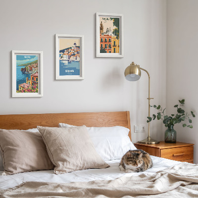 Composizione di 3 quadri Paesaggi di città europee con edifici colorati