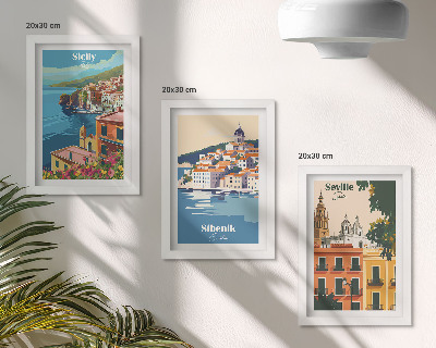 Composizione di 3 quadri Paesaggi di città europee con edifici colorati