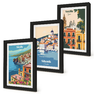 Composizione di 3 quadri Paesaggi di città europee con edifici colorati