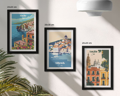 Composizione di 3 quadri Paesaggi di città europee con edifici colorati