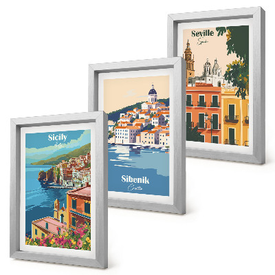 Composizione di 3 quadri Paesaggi di città europee con edifici colorati