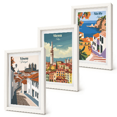 Trittico incorniciato Illustrazioni in stile retrò di famose città di tutto il mondo.