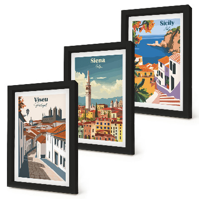Trittico incorniciato Illustrazioni in stile retrò di famose città di tutto il mondo.