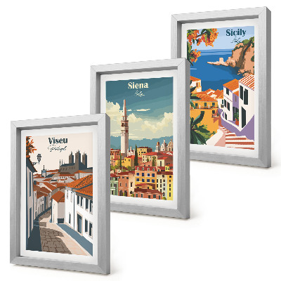 Trittico incorniciato Illustrazioni in stile retrò di famose città di tutto il mondo.