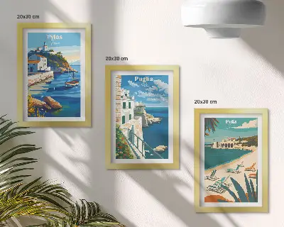 Trittico incorniciato con paesaggi marini pittoreschi da località turistiche