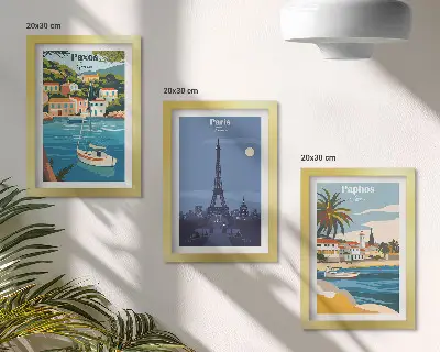 Composizione di 3 quadri con vedute di città costiere e della loro architettura