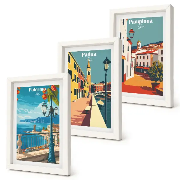 Trittico incorniciato città famose in stile illustrativo retrò