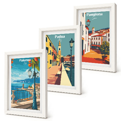 Trittico incorniciato Città famose in uno stile illustrativo retrò