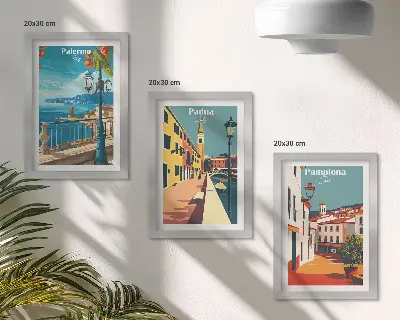 Trittico incorniciato città famose in stile illustrativo retrò