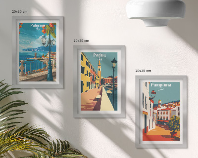 Trittico incorniciato Città famose in uno stile illustrativo retrò