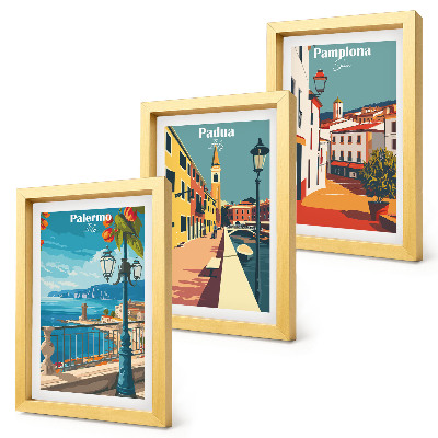 Trittico incorniciato Città famose in uno stile illustrativo retrò