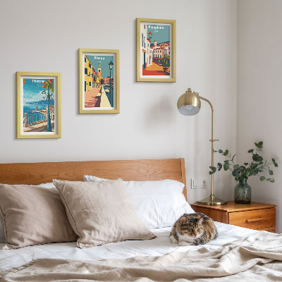 Trittico incorniciato Città famose in uno stile illustrativo retrò