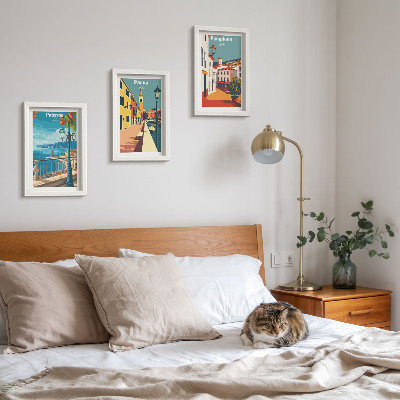 Trittico incorniciato Città famose in uno stile illustrativo retrò