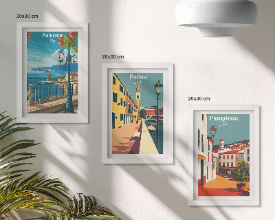 Trittico incorniciato Città famose in uno stile illustrativo retrò