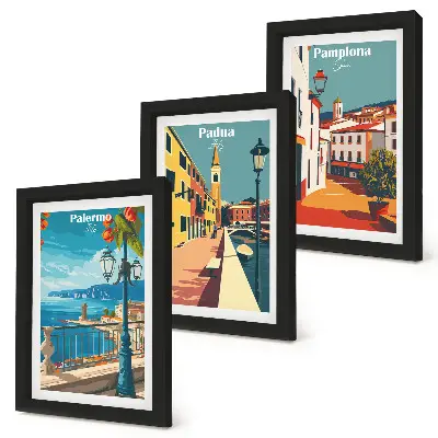 Trittico incorniciato città famose in stile illustrativo retrò