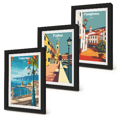 Trittico incorniciato Città famose in uno stile illustrativo retrò