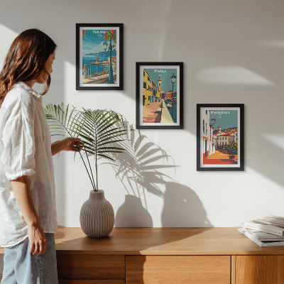 Trittico incorniciato Città famose in uno stile illustrativo retrò