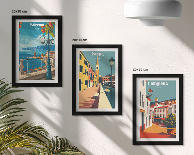 Trittico incorniciato Città famose in uno stile illustrativo retrò