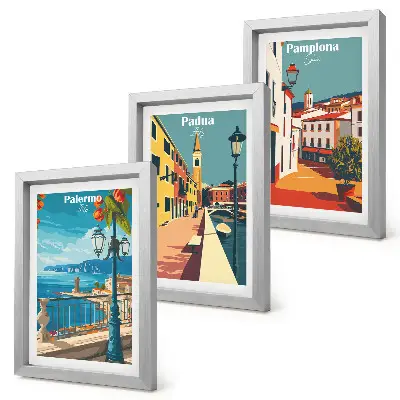 Trittico incorniciato città famose in stile illustrativo retrò
