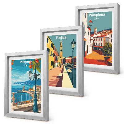 Trittico incorniciato Città famose in uno stile illustrativo retrò