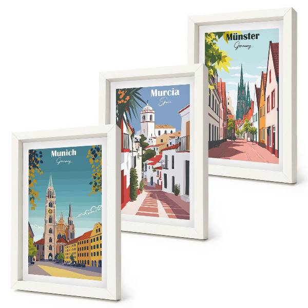 Composizione di 3 quadri Città europee in illustrazioni colorate