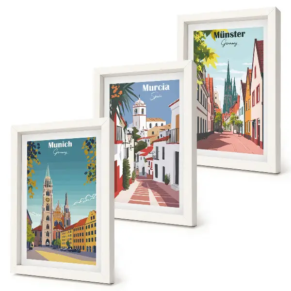 Composizione di 3 quadri con illustrazioni di città europee colorate