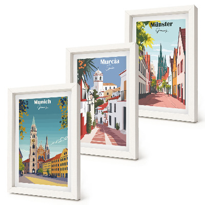 Composizione di 3 quadri Città europee in illustrazioni colorate