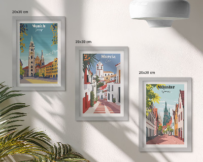 Composizione di 3 quadri Città europee in illustrazioni colorate