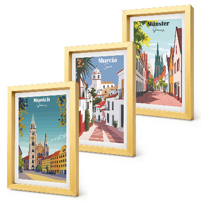 Composizione di 3 quadri Città europee in illustrazioni colorate