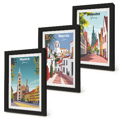 Composizione di 3 quadri Città europee in illustrazioni colorate