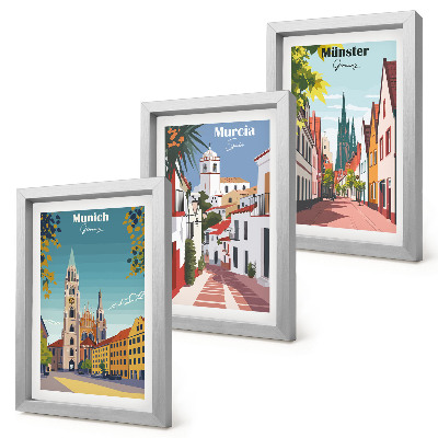 Composizione di 3 quadri Città europee in illustrazioni colorate