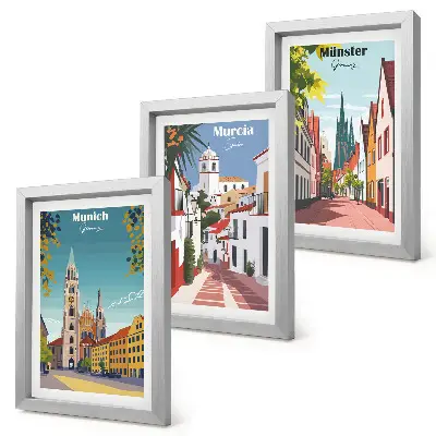 Composizione di 3 quadri con illustrazioni di città europee colorate
