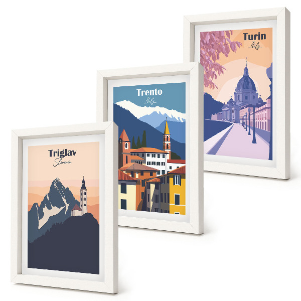 Composizione di 3 quadri Montagne e architettura retrò, illustrazioni colorate