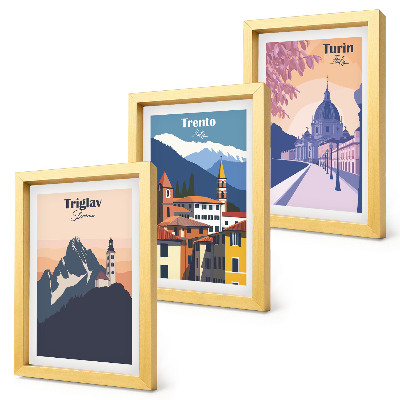 Composizione di 3 quadri Montagne e architettura retrò, illustrazioni colorate