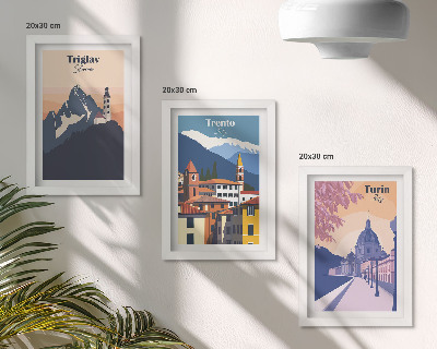 Composizione di 3 quadri Montagne e architettura retrò, illustrazioni colorate