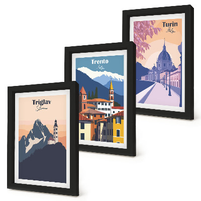 Composizione di 3 quadri Montagne e architettura retrò, illustrazioni colorate
