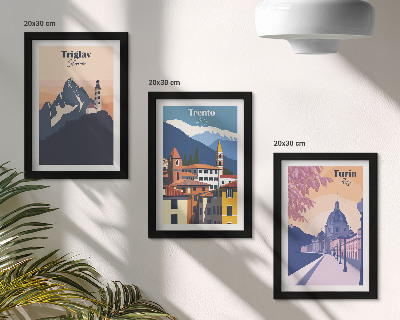 Composizione di 3 quadri Montagne e architettura retrò, illustrazioni colorate