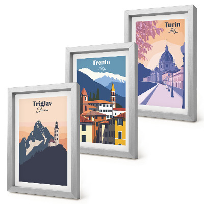 Composizione di 3 quadri Montagne e architettura retrò, illustrazioni colorate