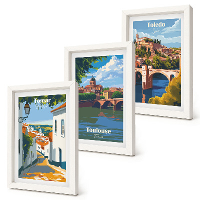 Trittico incorniciato Grafica in stile retrò di città famose