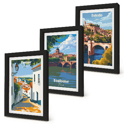 Trittico incorniciato Grafica in stile retrò di città famose