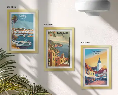 Composizione di 3 quadri con vedute di città costiere e della loro architettura