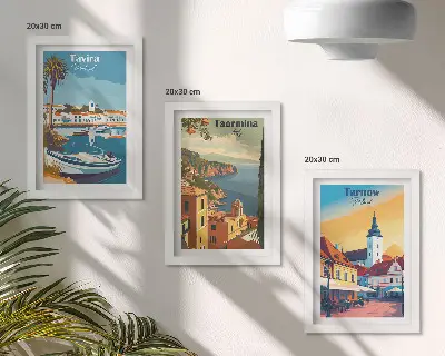 Composizione di 3 quadri con vedute di città costiere e della loro architettura