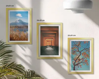 Trittico incorniciato paesaggi giapponesi con natura e architettura dell'Asia