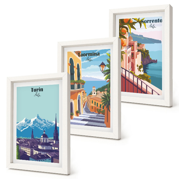 Composizione di 3 quadri Paesaggi urbani illustrati, colorati e in stile retrò